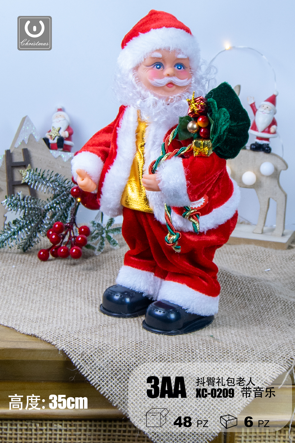 XC-0209 Giocattolo Natalizio Babbo Natale porta regali che canta e balla altezza 35cm alimentazione a batteria (3pile non incluse) - immagine 1
