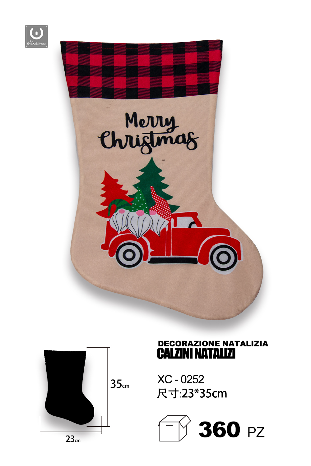 XC-0252 Calza Natalizia con scritta Merry Christmas dimensioni 23x35cm - immagine 1