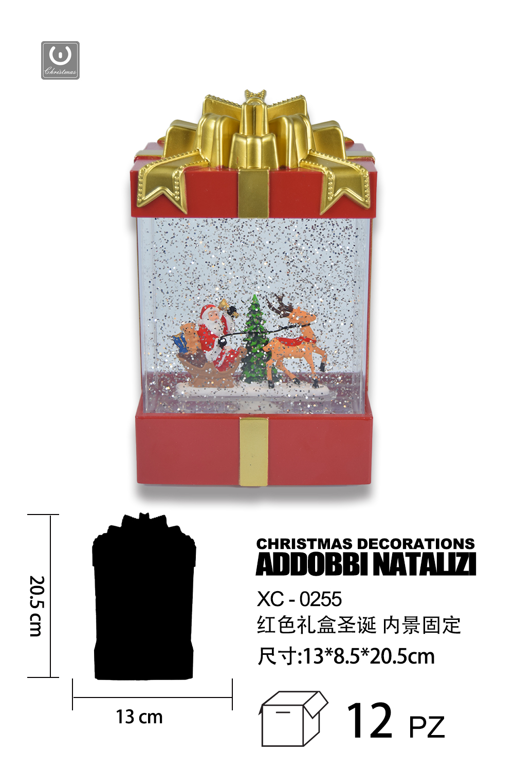 XC-0255 Scatola oro Natalizia in resina + Babbo Natale renna con luci effetto neve (20,5cmH) - immagine 1