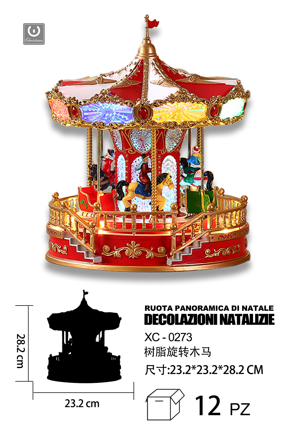 XC-0273 Giostra Natalizia cavallucci in resina con luci LED 8 musiche Natalizie (28,2cmH) alimentazione a batterie - immagine 1