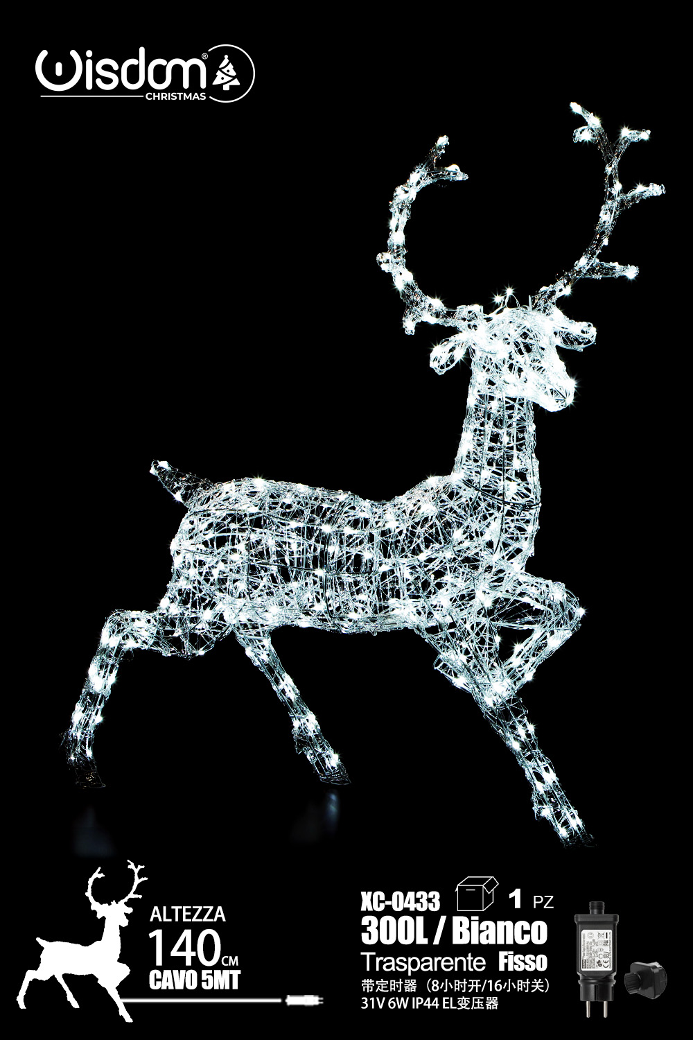 XC-0433 Figura luminosa Renna Natalizia a LED Luce Fredda fissa IP44 per uso esterno dimensione 140cm - immagine 1
