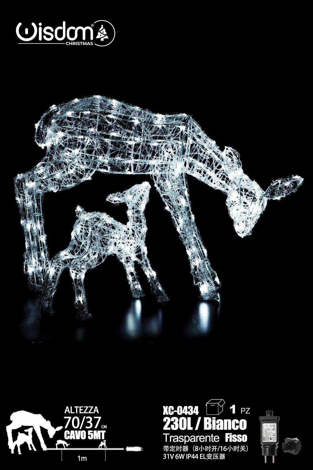 XC-0434 Figura luminosa Renna Natalizia con figlio a LED Luce Fredda fissa IP44 per uso esterno dimensioni 70e37 cm - immagine 1