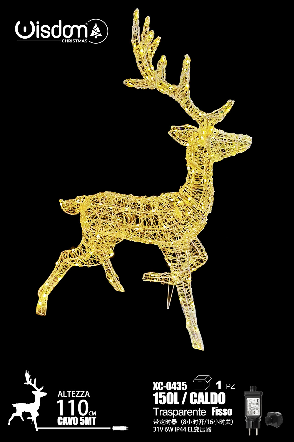 XC-0435 Figura luminosa Renna Natalizia a LED Luce calda fissa IP44 per uso esterno dimensione 110cm - immagine 1