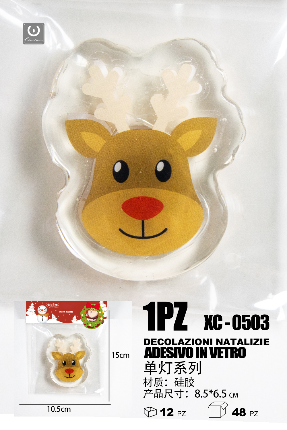 XC-0503 Adesivo Natalizio in gel a forma di renna natalizia dimensioni 8,5x6,5cm - immagine 1