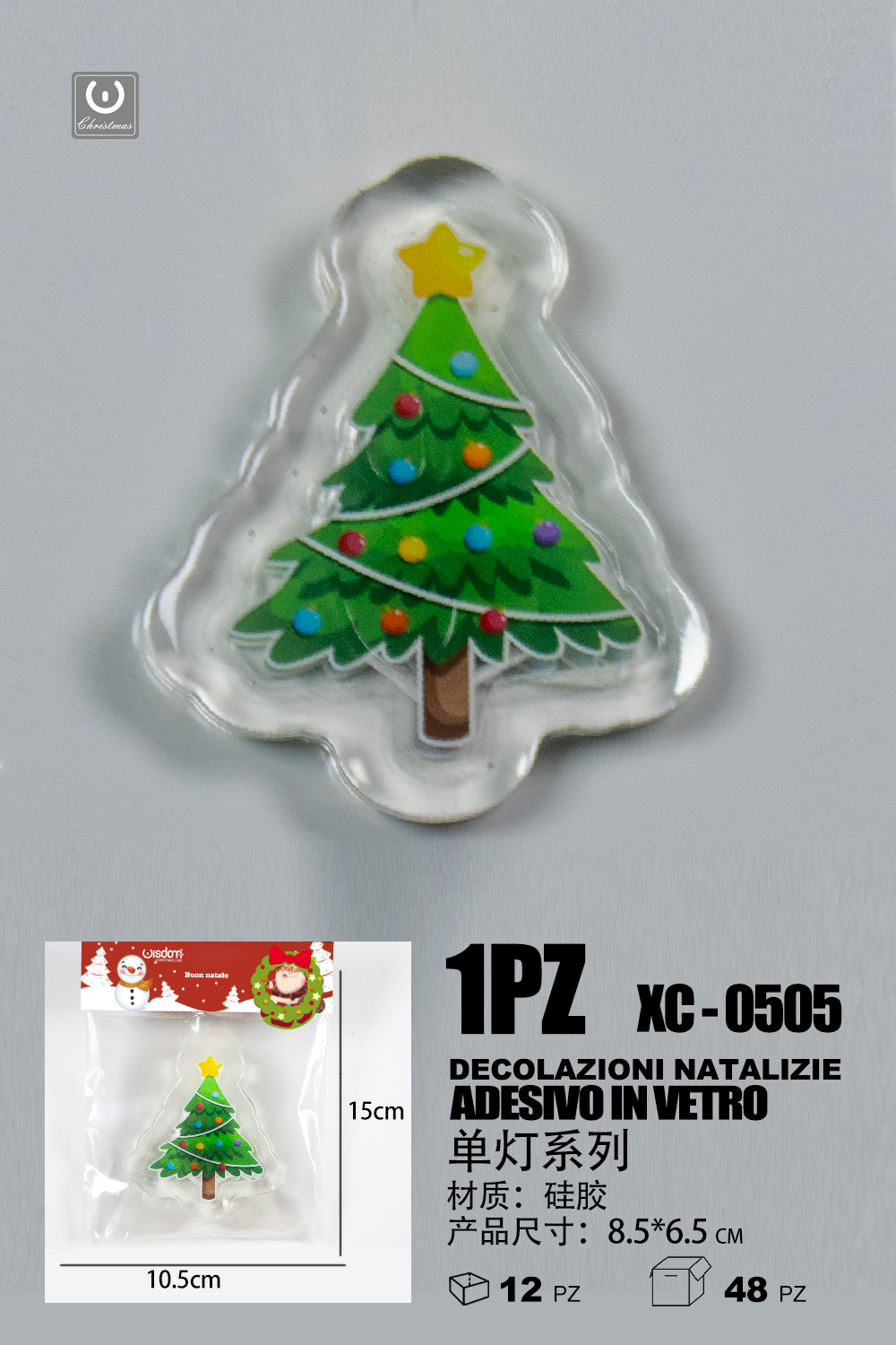 XC-0505 Adesivo Natalizio in gel a forma alberello addobbato dimensioni 8,5x6,5cm - immagine 1