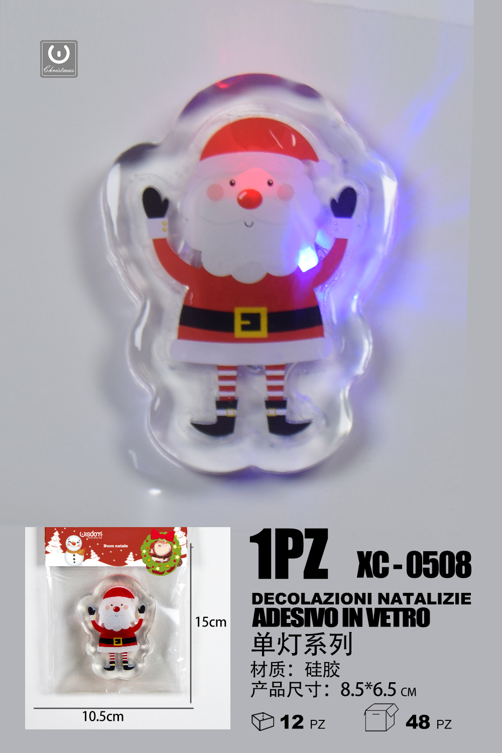 XC-0508 Adesivo Natalizio in gel a forma di Babbo Natale con lucina blu e rossa dimensioni 8,5x6,5cm - immagine 1