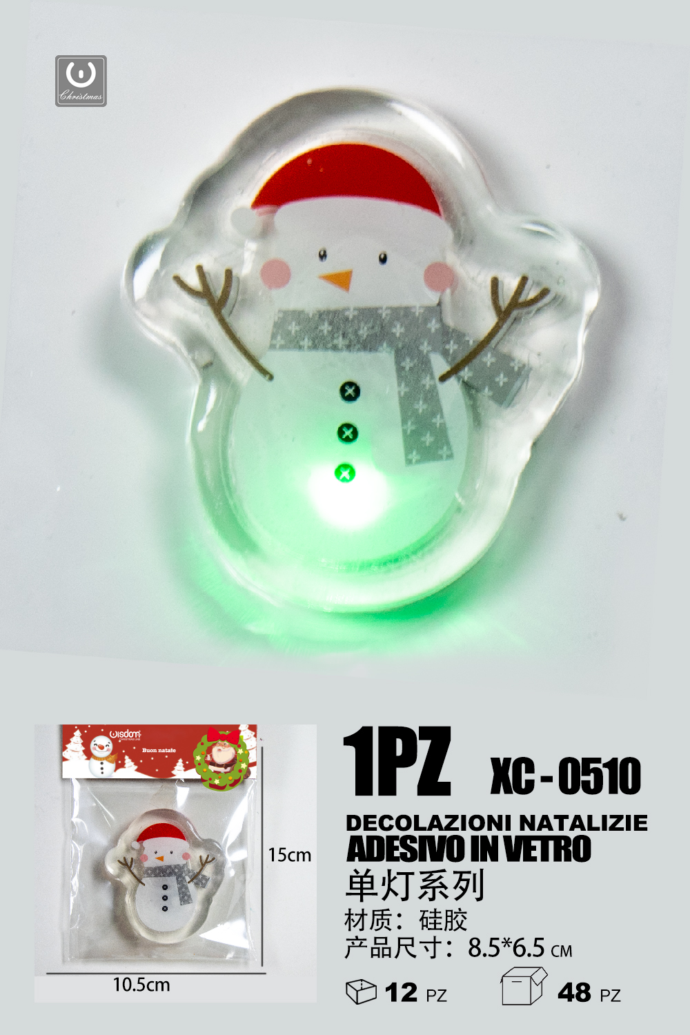 XC-0510 Adesivo Natalizio in gel a forma di pupazzo di neve con lucina verde dimensioni 8,5x6,5cm - immagine 1