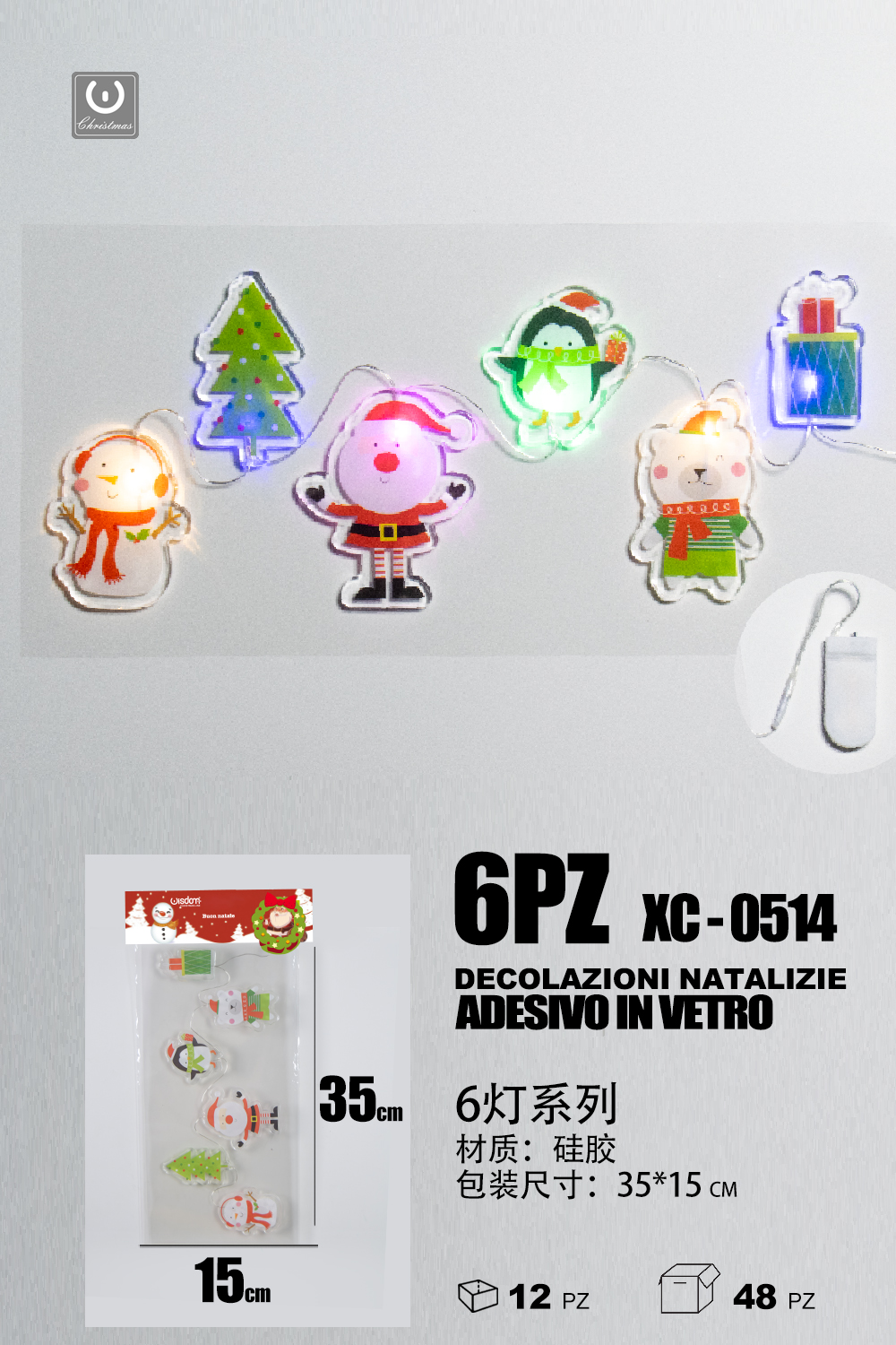 XC-0514 Set 6 pezzi adesivi in gel a forma personaggi natalizi con luci dimensioni: 35x15cm - immagine 1