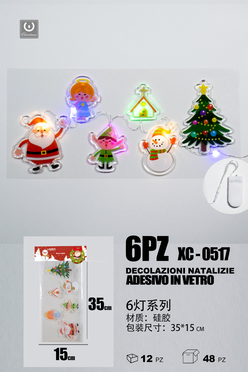 XC-0517 Set 6 pezzi adesivi in gel a forma personaggi natalizi con luci dimensioni: 35x15cm - immagine 1