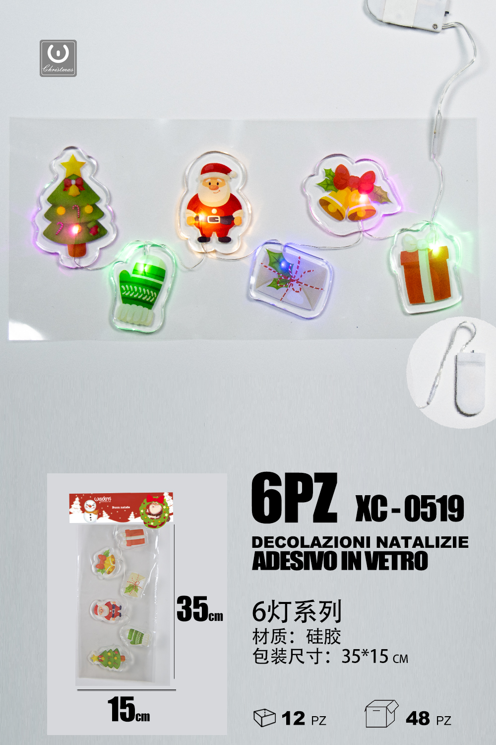 XC-0519 Set 6 pezzi adesivi in gel a forma personaggi natalizi con luci dimensioni: 35x15cm - immagine 1