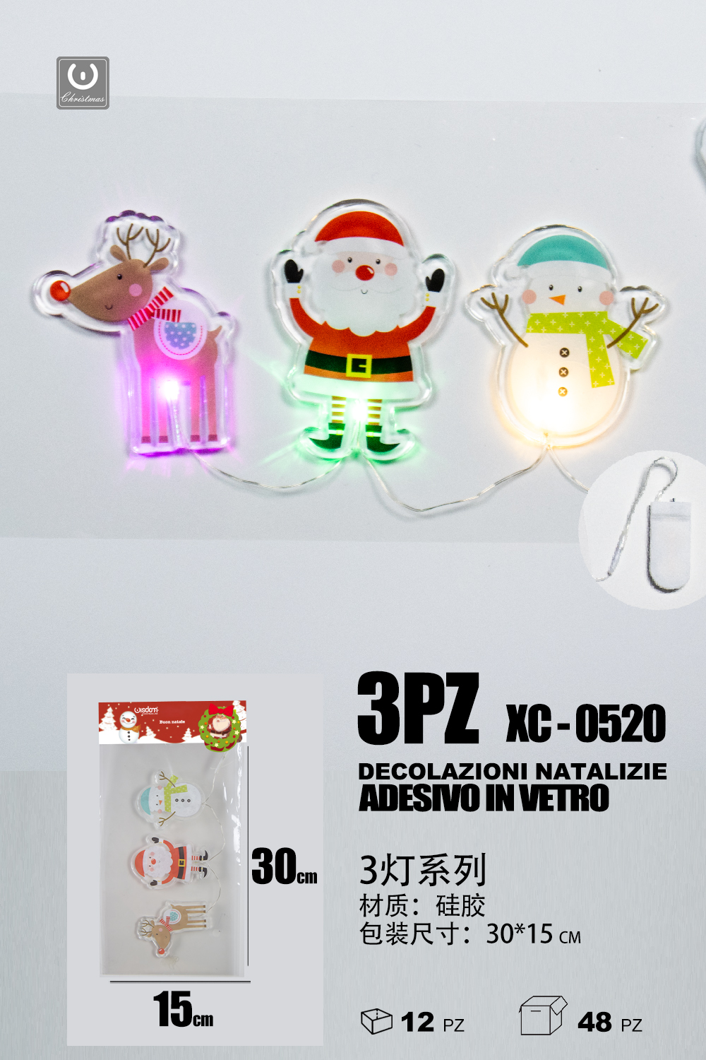 XC-0520 Set 3 pezzi adesivi in gel a forma personaggi natalizi con luci dimensioni: 30x15cm - immagine 1