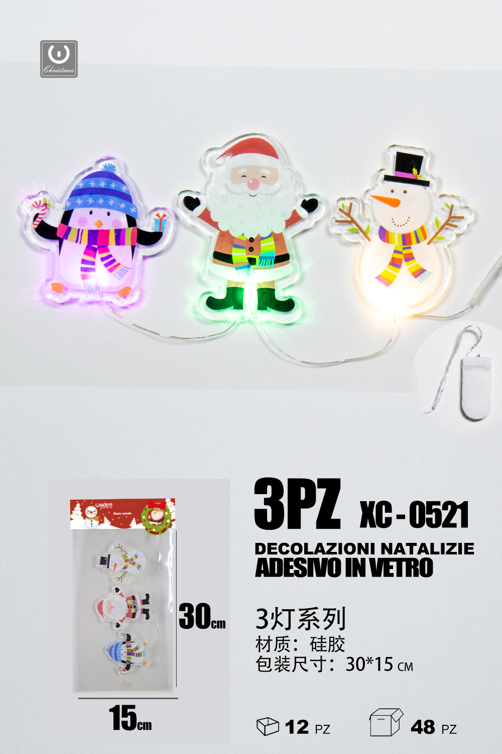 XC-0521 Set 3 pezzi adesivi in gel a forma personaggi natalizi con luci dimensioni: 30x15cm - immagine 1