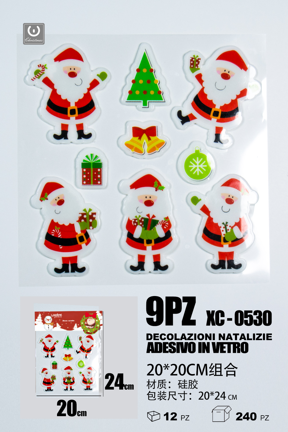 XC-0530 9 Adesivi in gel per decorazioni natalizie a forma Babbo Natale dimensione 20x24cm ideale da attaccare su finestre e vetrine - immagine 1