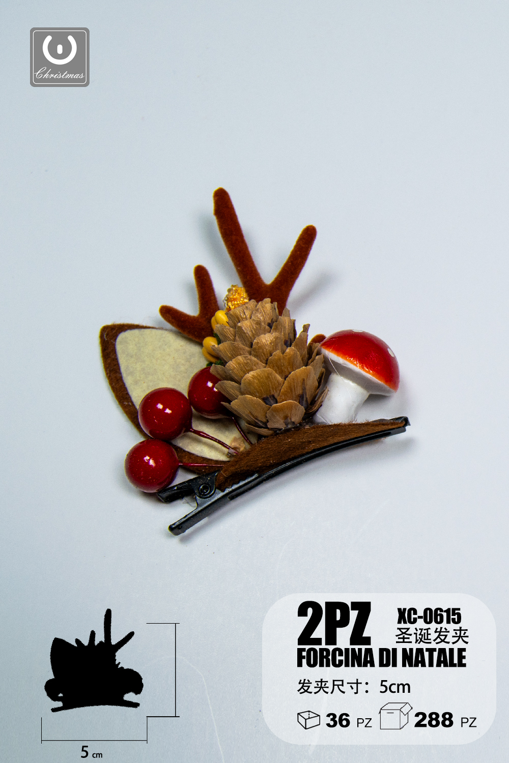 XC-0615 Fermaglio Natalizio per capelli a forma di pigna bacche e corna di renna (set da 2 pezzi) - immagine 1