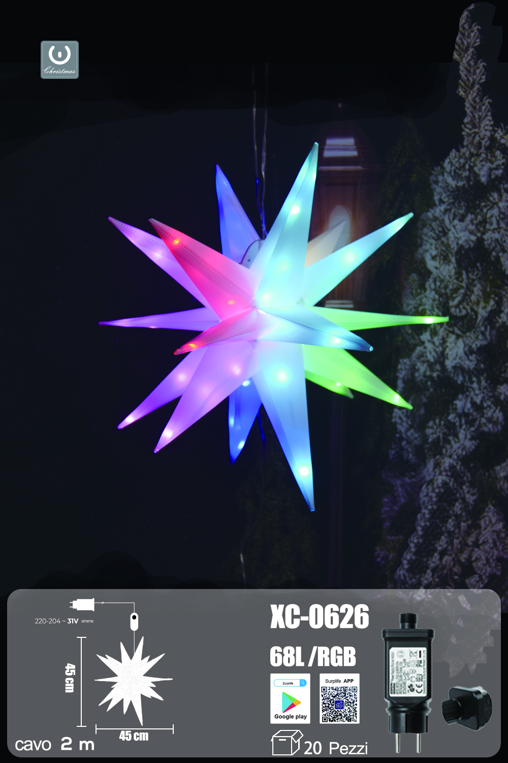 XC-0626 Stella luminosa di Natale 3D 68LED RGB controllo tramite app - immagine 1
