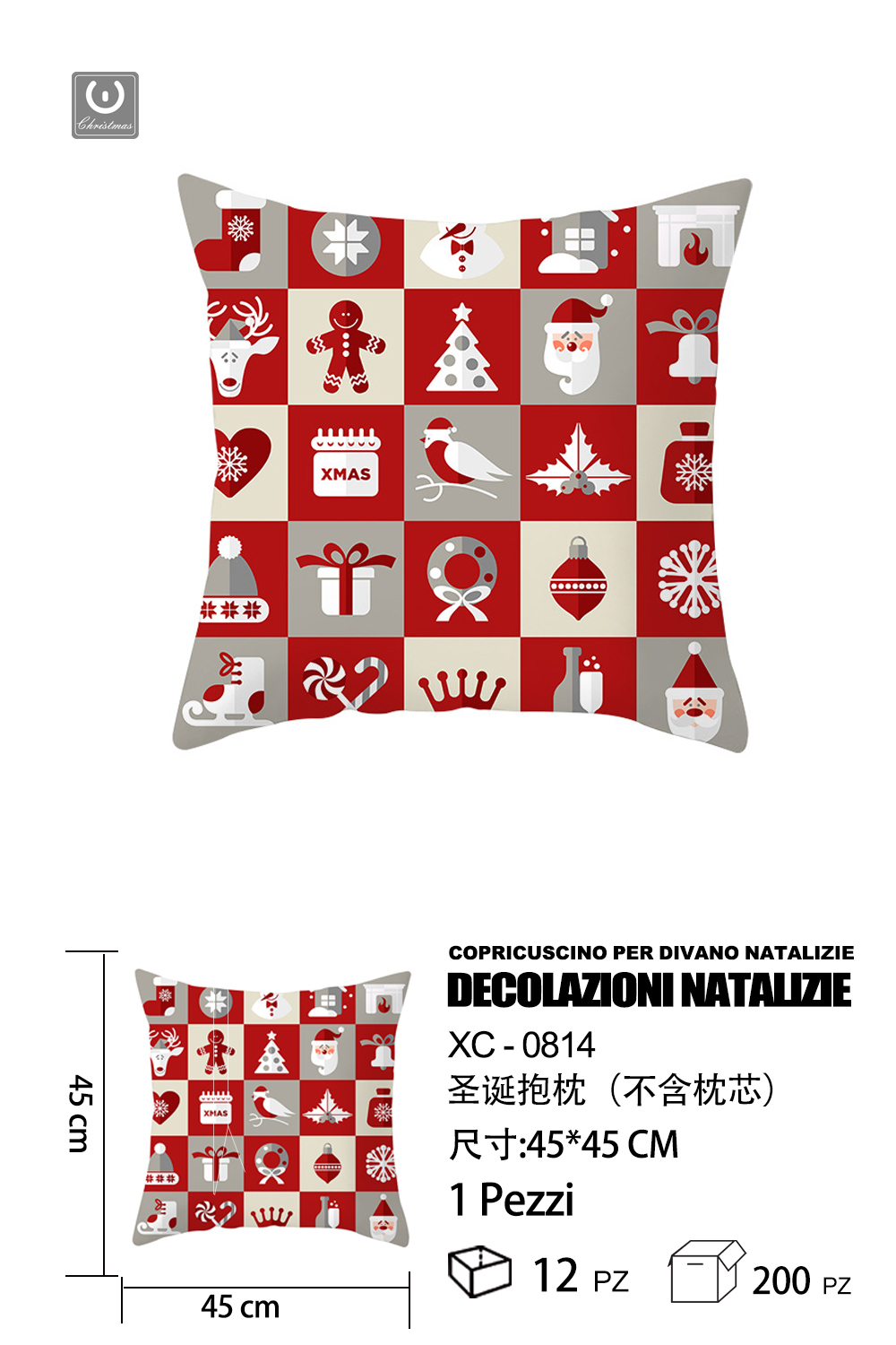 XC-0814 Copri cuscino Natalizio con forme di Natale dimensioni 45x45cm - immagine 1
