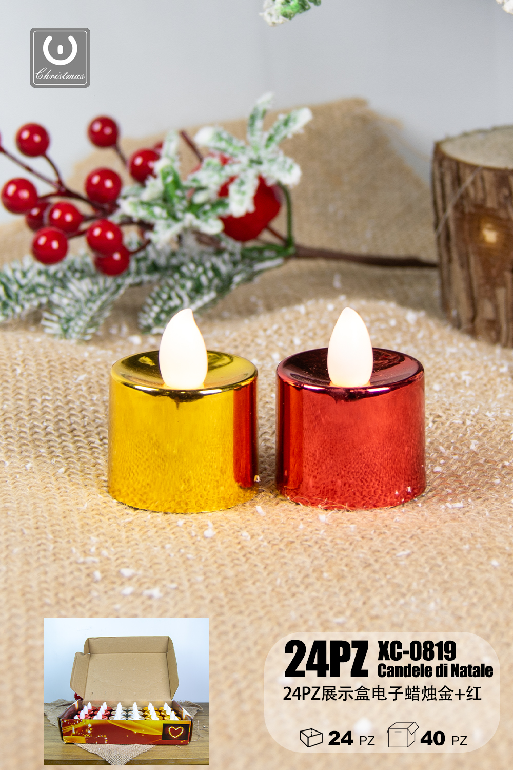 XC-0819 Set di candele Natalizie(oro e rosse) box da 24 pezzi luce calda a LED alimentazione a pile - immagine 1