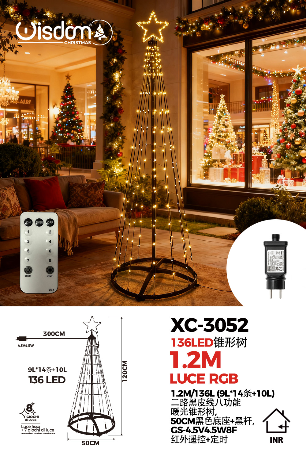 XC-3052 Albero di natale conico luminoso altezza 1,2 metri con 136 luci colorate LED RGB per uso interno 8 giochi luce - immagine 1
