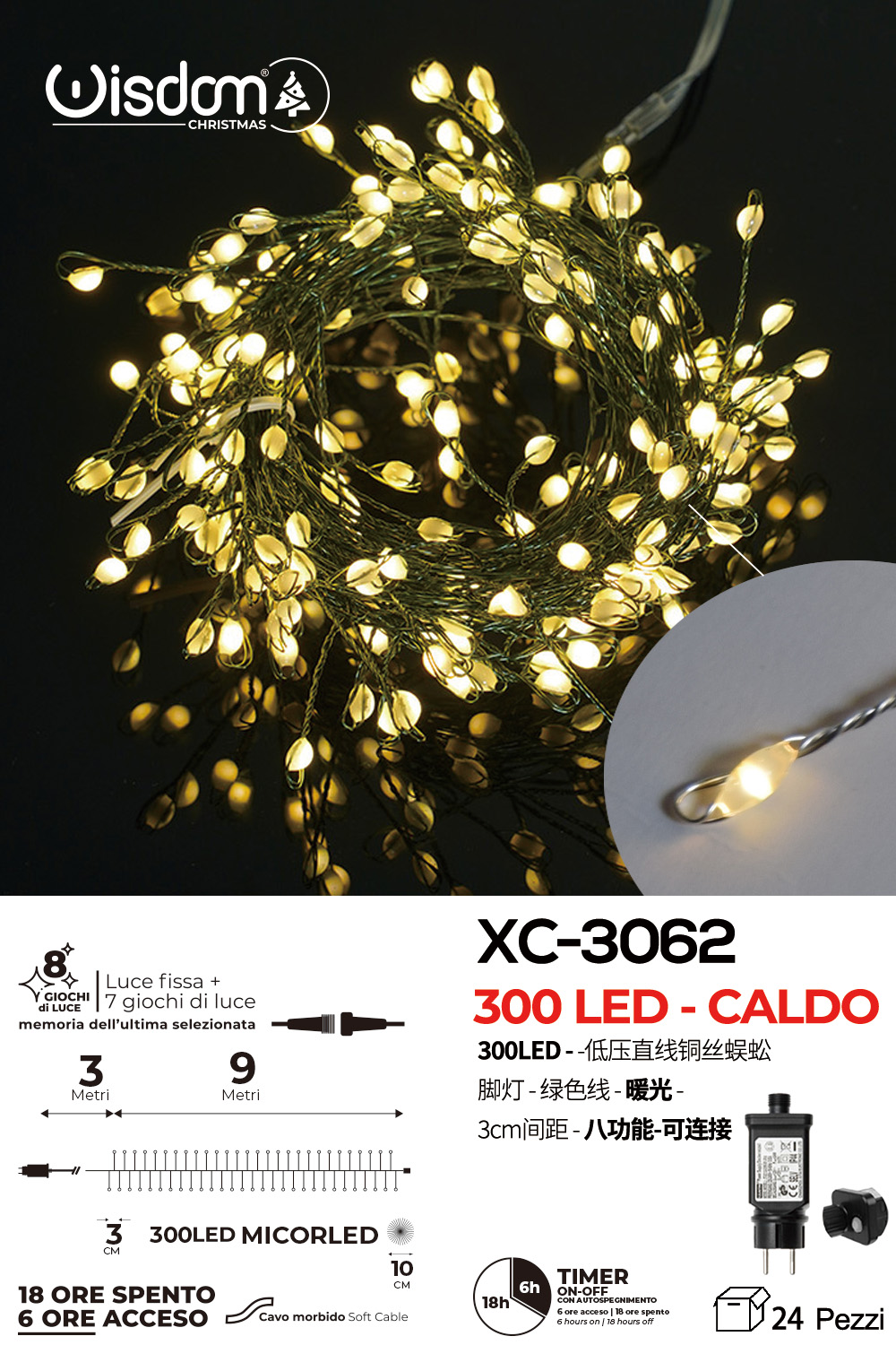XC-3062 Catena micro LED luminosa natalizia da 9 metri luce calda cavo verde con 8 giochi luce per uso interno funzione timer on-off - immagine 1