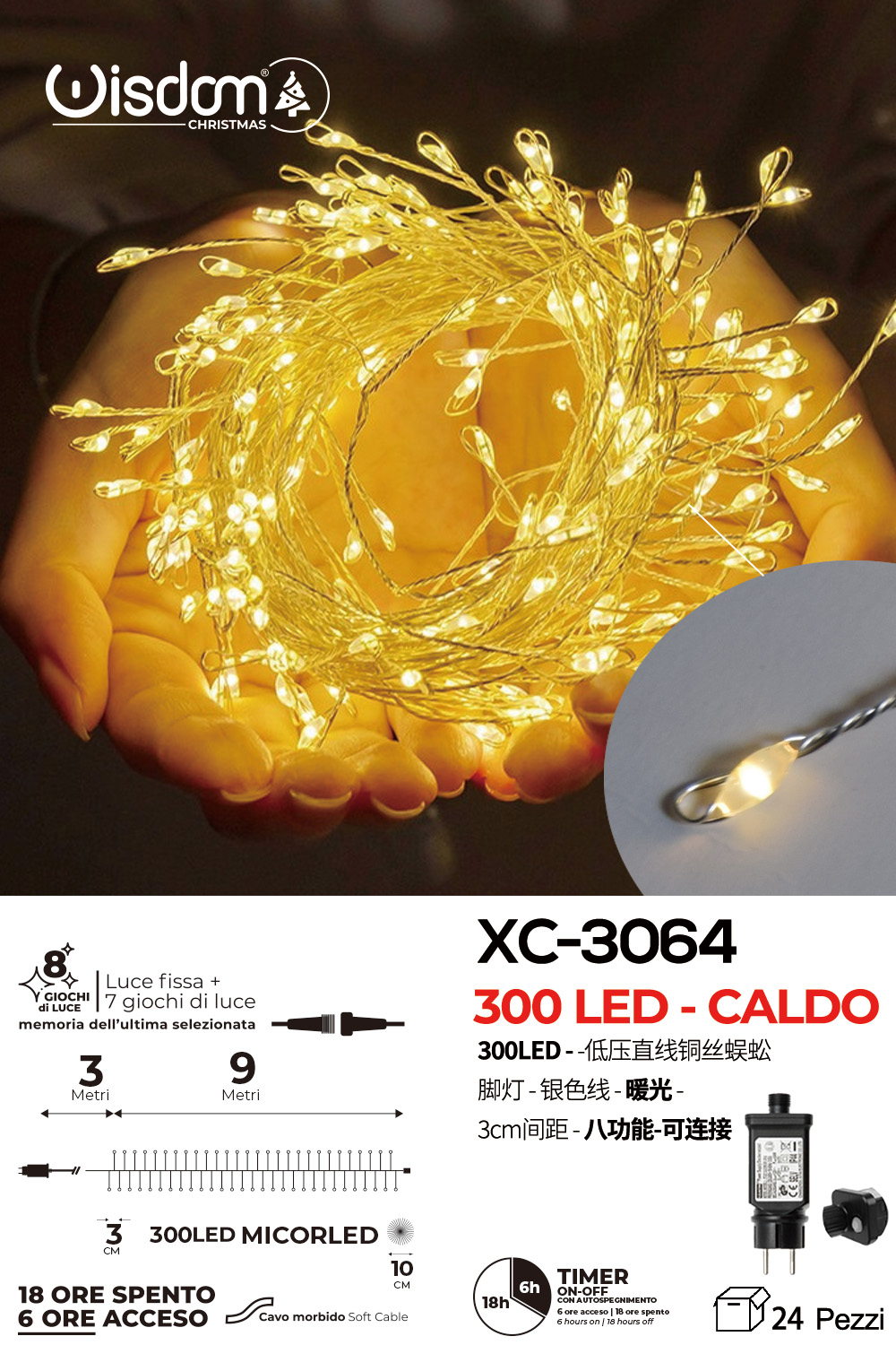XC-3064 Catena micro LED luminosa natalizia da 9 metri luce calda con 8 giochi luce per uso interno funzione timer on-off - immagine 1