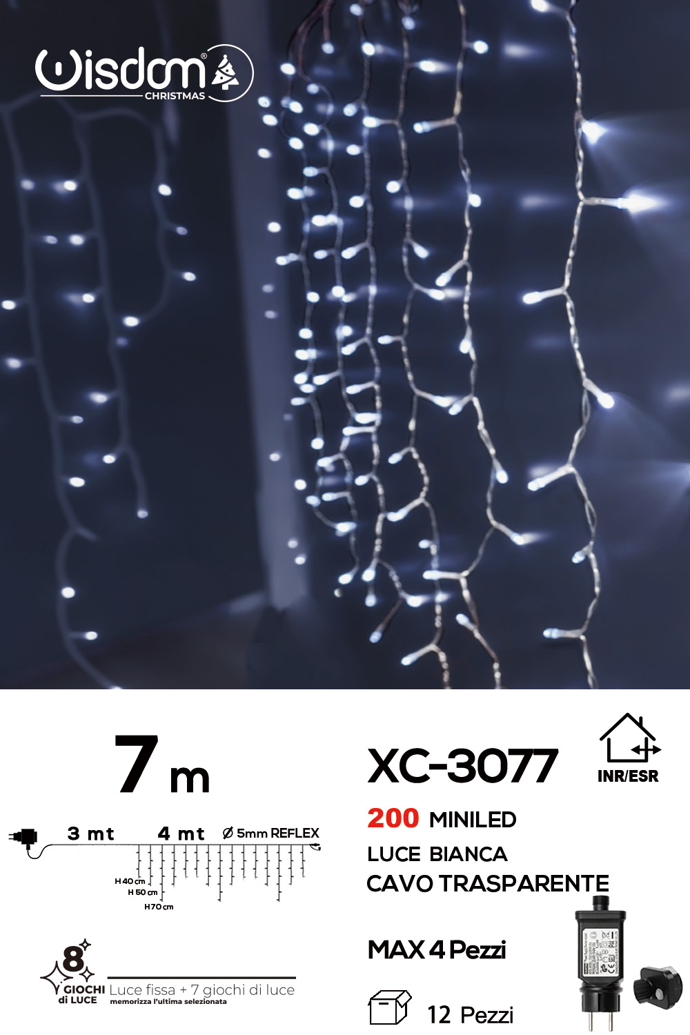 XC-3077 Tenda luminosa da 7 metri con 200 mini LED REFLEX luce fredda 8 giochi luce alimentazione a corrente per uso interno/esterno - immagine 1