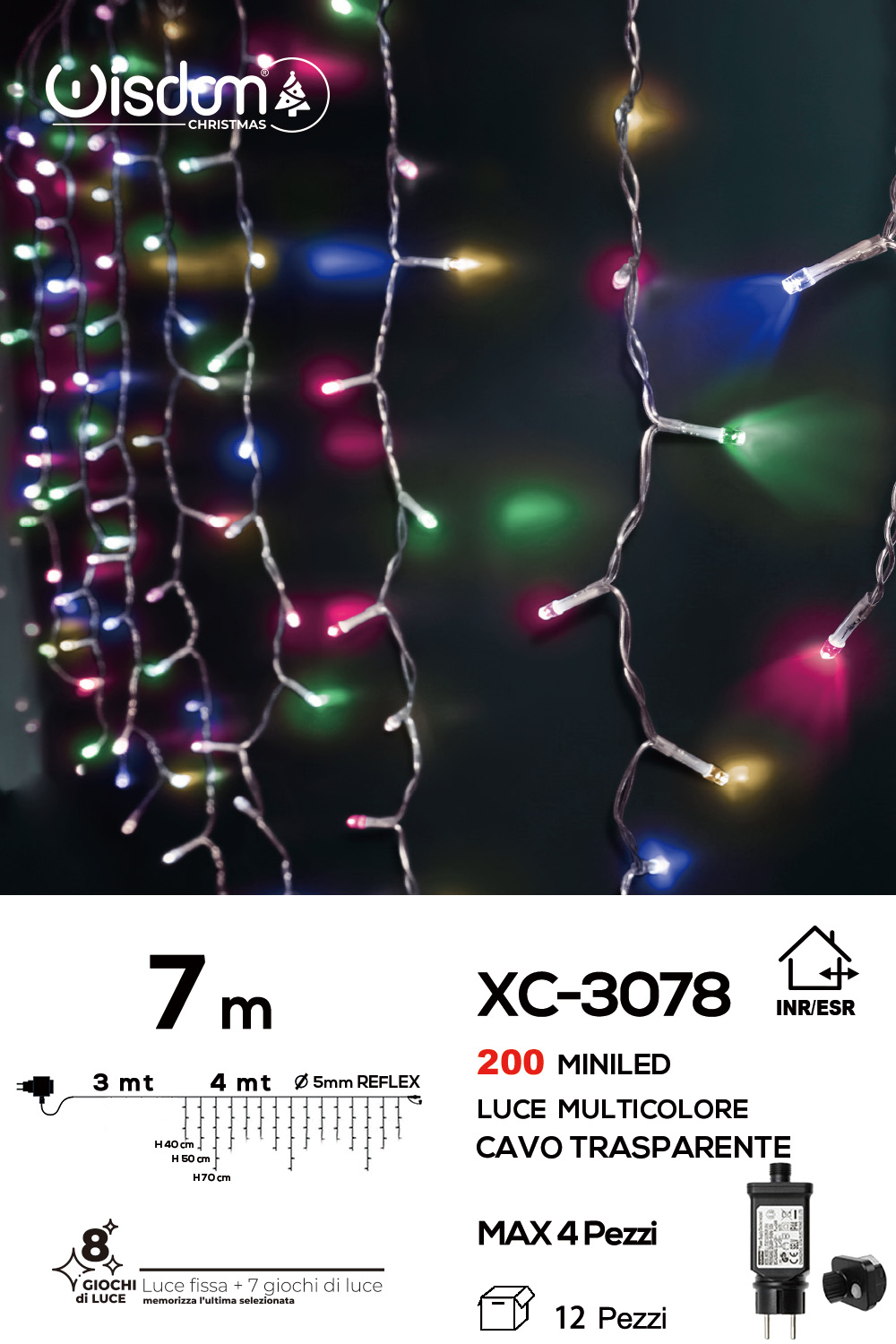XC-3078 Tenda luminosa da 7 metri con 200 mini LED REFLEX luce multicolor 8 giochi luce alimentazione a corrente per uso interno/esterno - immagine 1