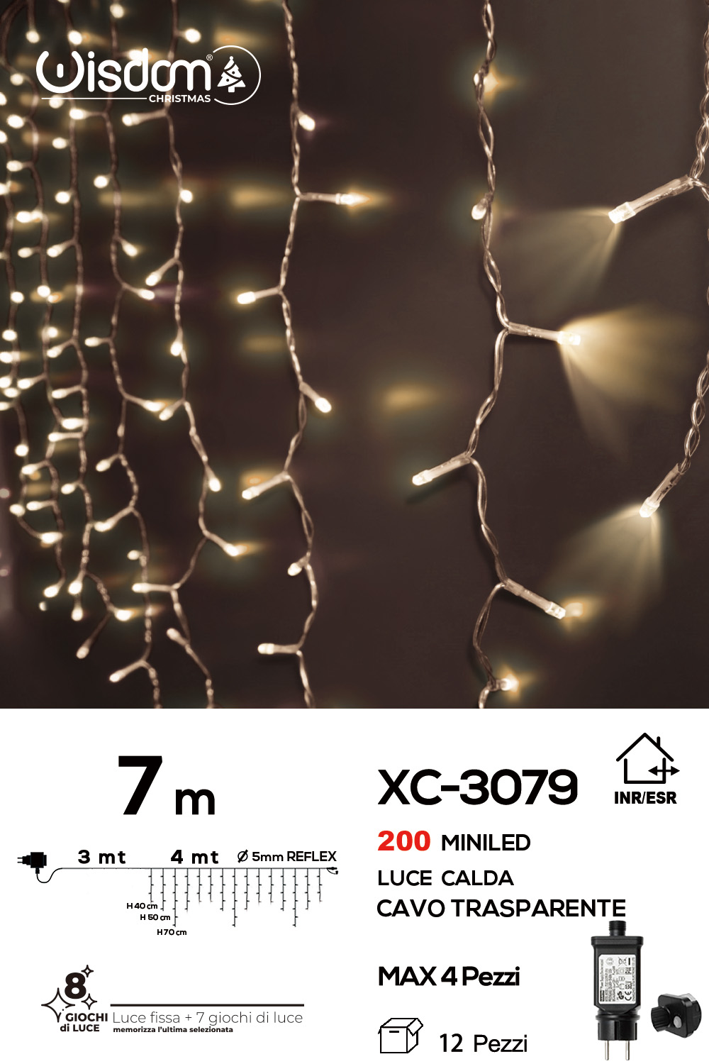XC-3079 Tenda luminosa da 7 metri con 200 mini LED REFLEX luce calda 8 giochi luce alimentazione a corrente per uso interno/esterno - immagine 1