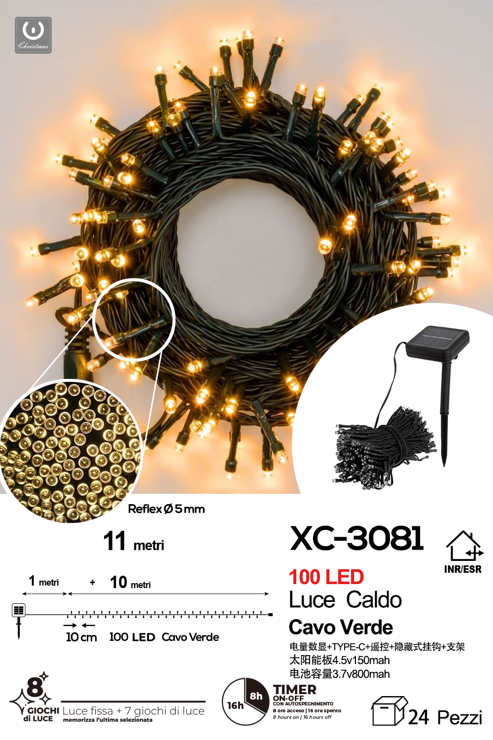XC-3081 Catena luminosa pannello solare 100LED LUCE CALDA con 8 giochi luce - immagine 1