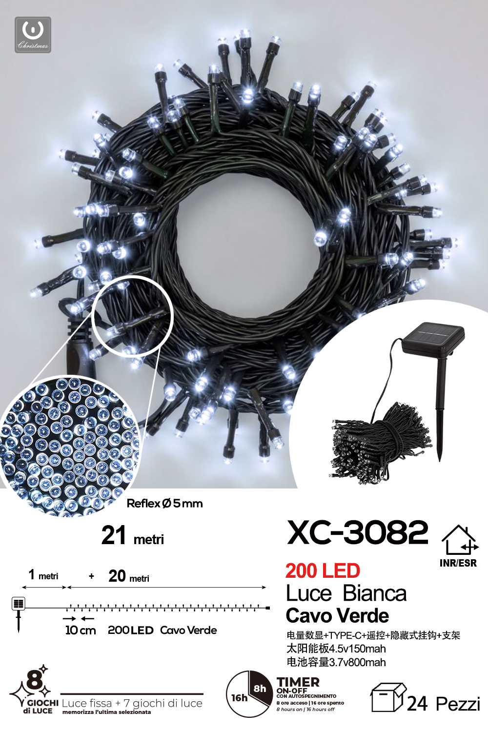 XC-3082 Catena luminosa pannello solare 200LED LUCE Bianca con 8 giochi luce - immagine 1