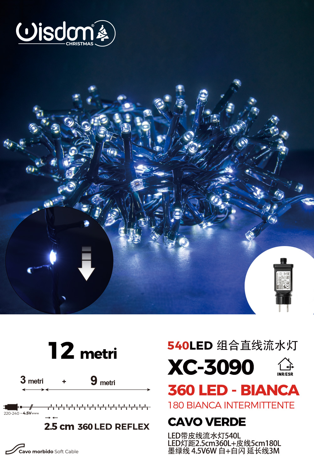 XC-3090 Catena luminosa da 12 metri con 540 LED totali luce fredda fissa+bianca intermittente con flash per uso interno/esterno - immagine 1