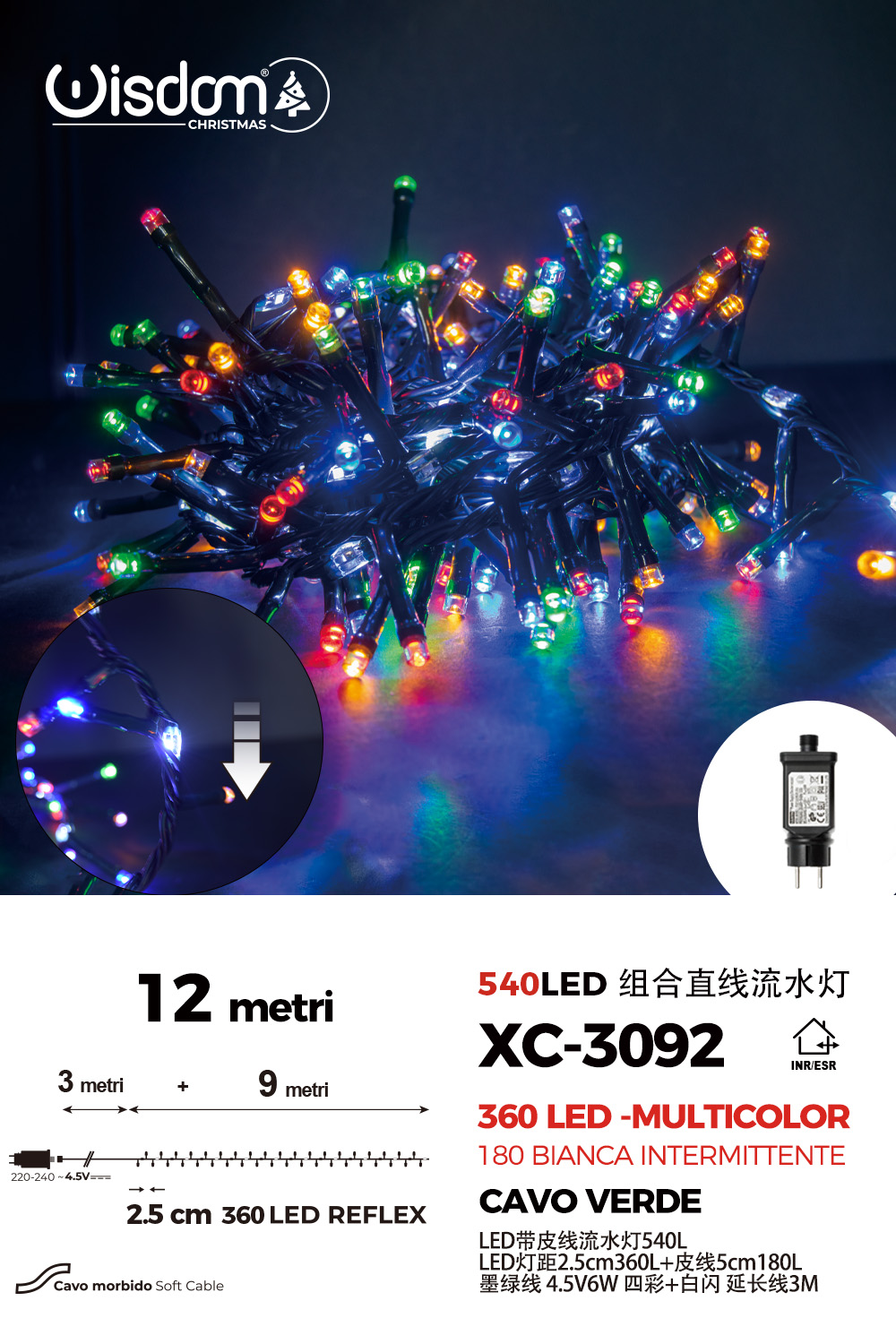 XC-3092 Catena luminosa da 12 metri con 540 LED totali luce multicolor fissa+bianca intermittente con flash per uso interno/esterno - immagine 1