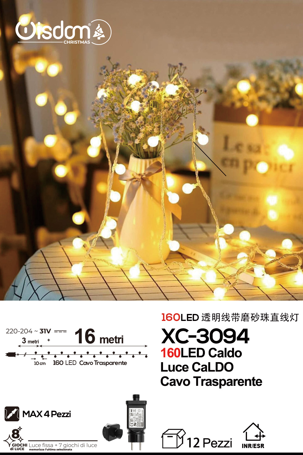 XC-3094 Catena luminosa da 16 metri a forma di perline con 160 LED REFLEX luce calda per uso interno/esterno 8 giochi luce - immagine 1