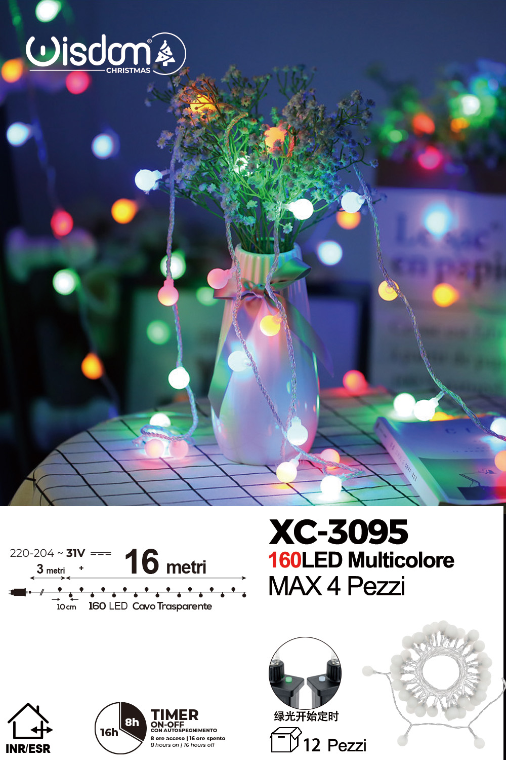 XC-3095 Catena luminosa da 16 metri a forma di perline con 160 LED REFLEX luce multicolor per uso interno/esterno 8 giochi luce - immagine 1