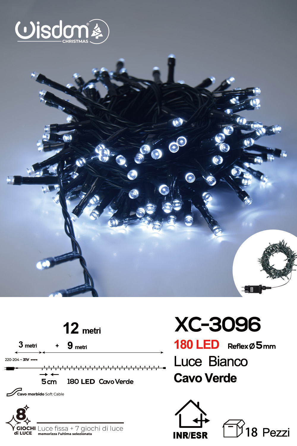 XC-3096 Catena luminosa 180 LED luce bianca da 12 metri con 8 giochi di luce ip44 per uso interno esterno - immagine 1