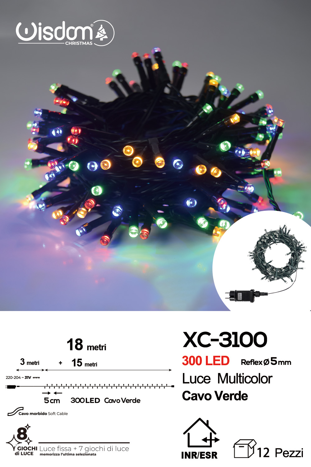 XC-3100 Catena luminosa 300 LED luce multicolor da 18 metri con 8 giochi di luce ip44 per uso interno esterno - immagine 1