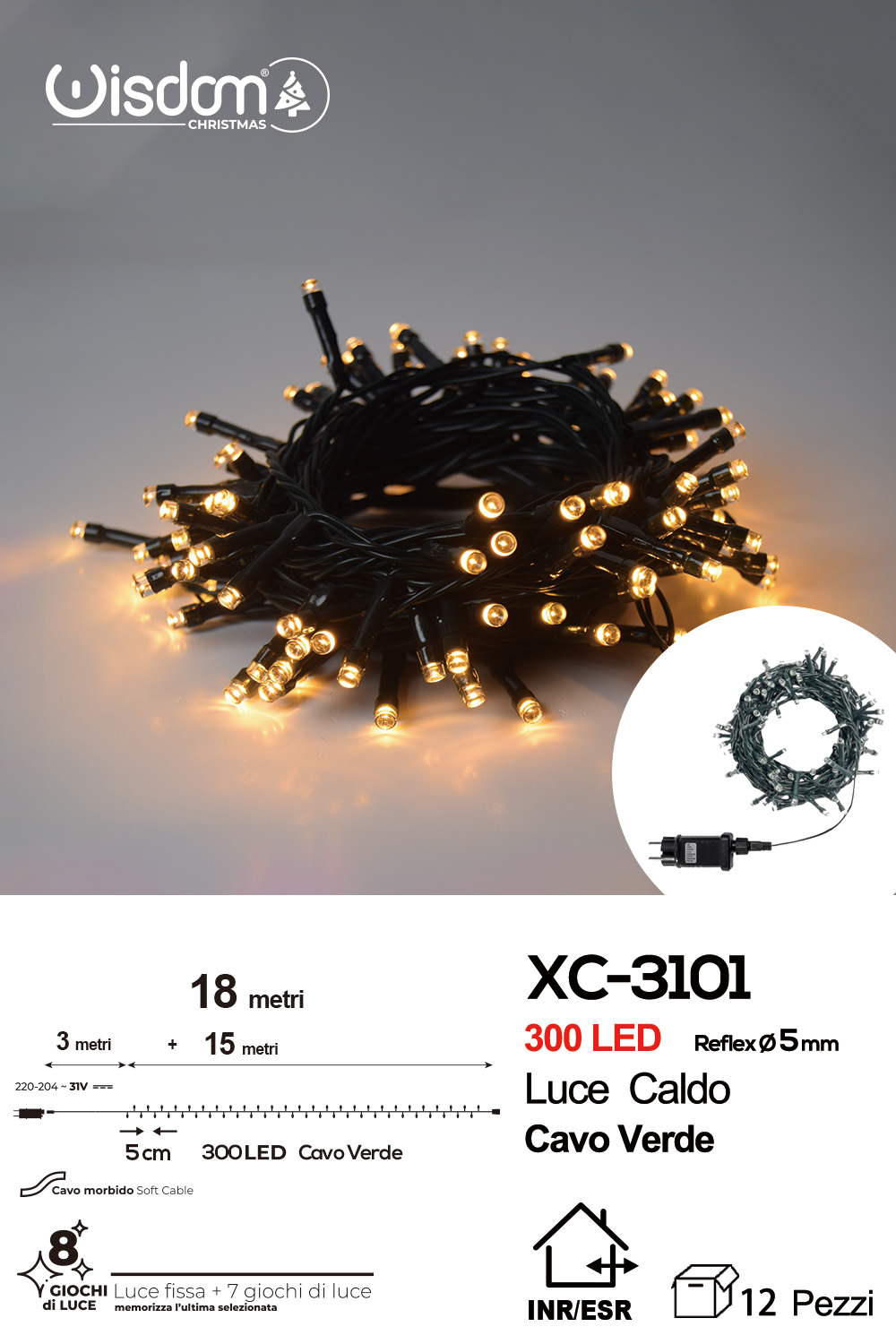 XC-3101 Catena luminosa 300 LED luce calda da 18 metri con 8 giochi di luce ip44 per uso interno esterno - immagine 1