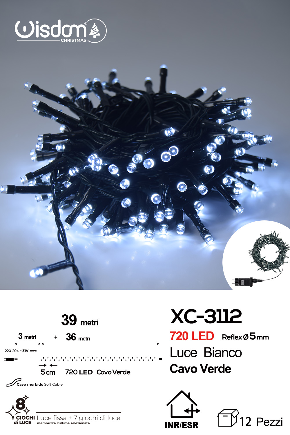 XC-3112 Catena luminosa 720 LED luce bianca da 39 metri con 8 giochi di luce ip44 per uso interno esterno - immagine 1