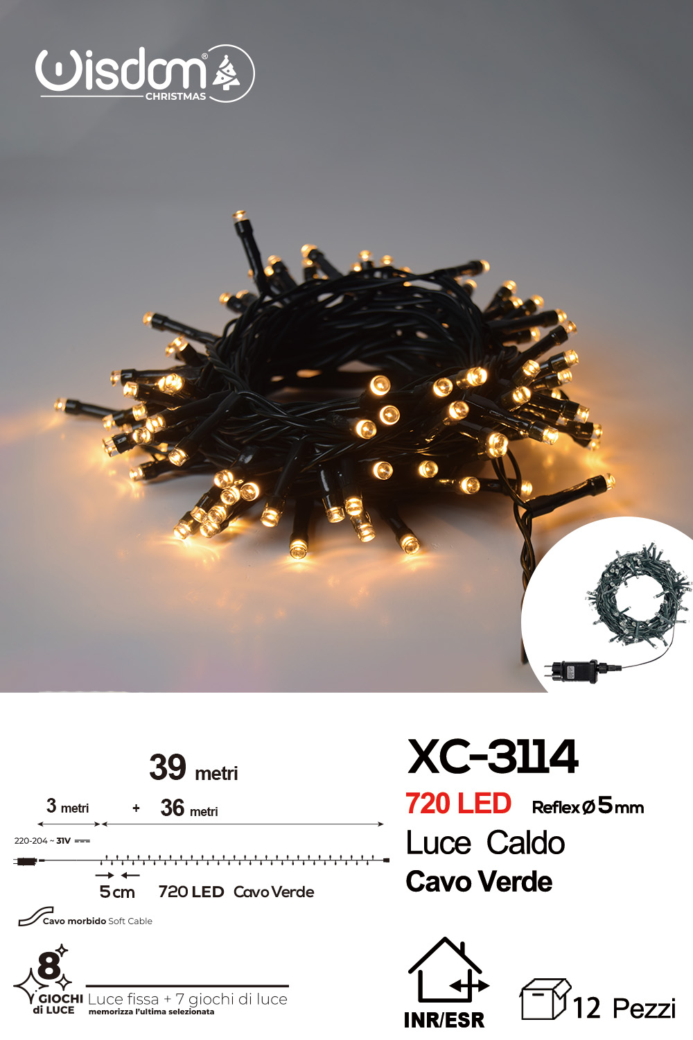 XC-3114 Catena luminosa 720 LED luce calda da 39 metri con 8 giochi di luce ip44 per uso interno esterno - immagine 1