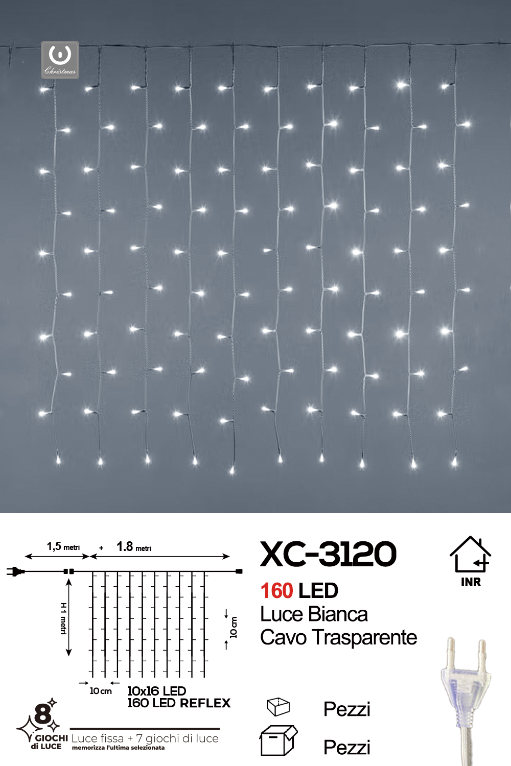 XC-3120 Tenda luminosa da 1,8 metri con 160 LED REFLEX luce fredda 8 giochi luce alimentazione a corrente per uso interno - immagine 1