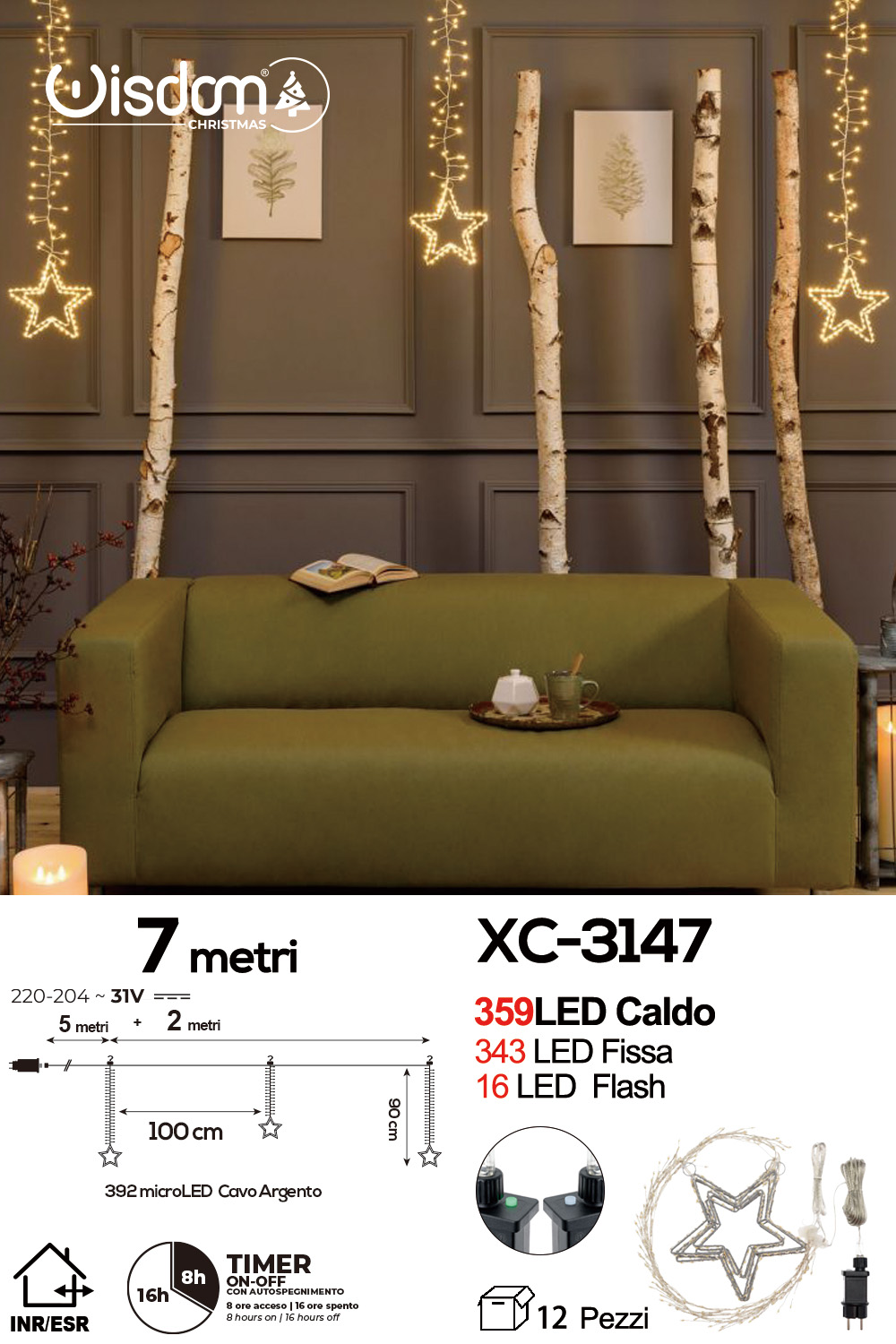XC-3147 Tenda luminosa 7 metri a forma di stelle natalizie luce fissa+flash con 392 LED luce calda con alimentazione a corrente per uso interno/esterno e funzione timer on/off - immagine 1