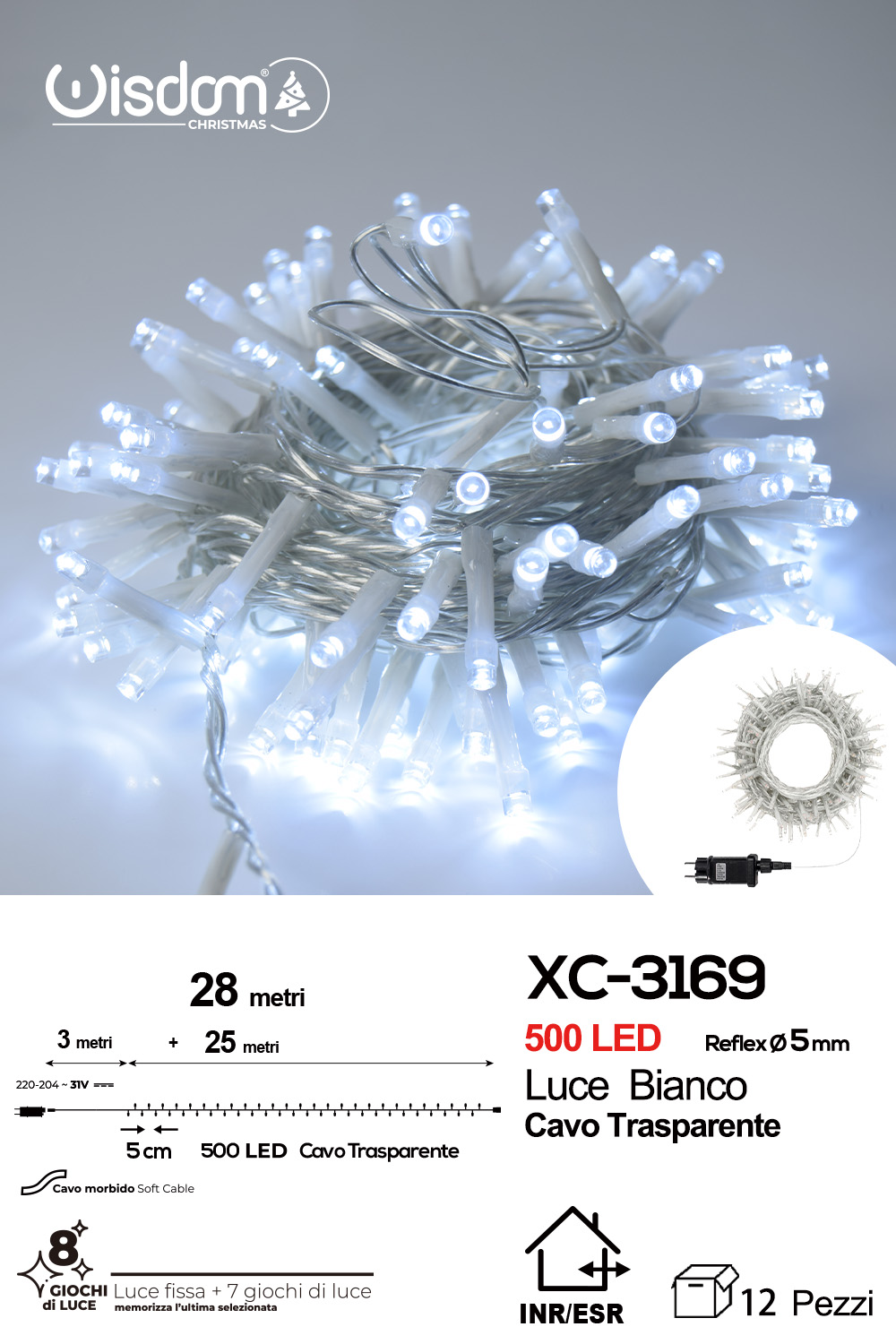 XC-3169 Catena luminosa professionale 500 LED luce bianca da 28 metri ip44 per uso interno esterno con 8 giochi luce - immagine 1