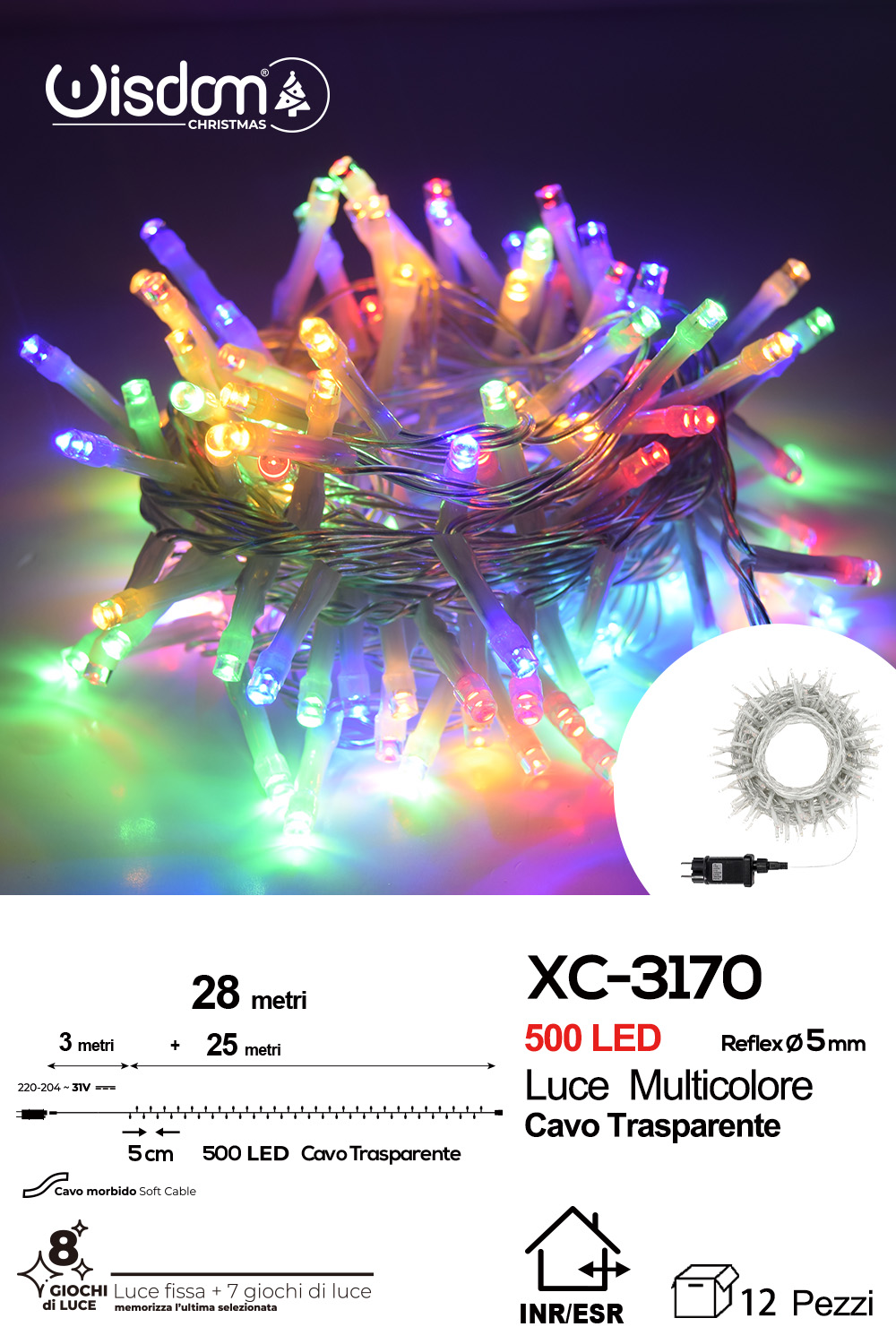 XC-3170 Catena luminosa professionale 500 LED luce multicolor da 28 metri ip44 per uso interno esterno con 8 giochi luce - immagine 1