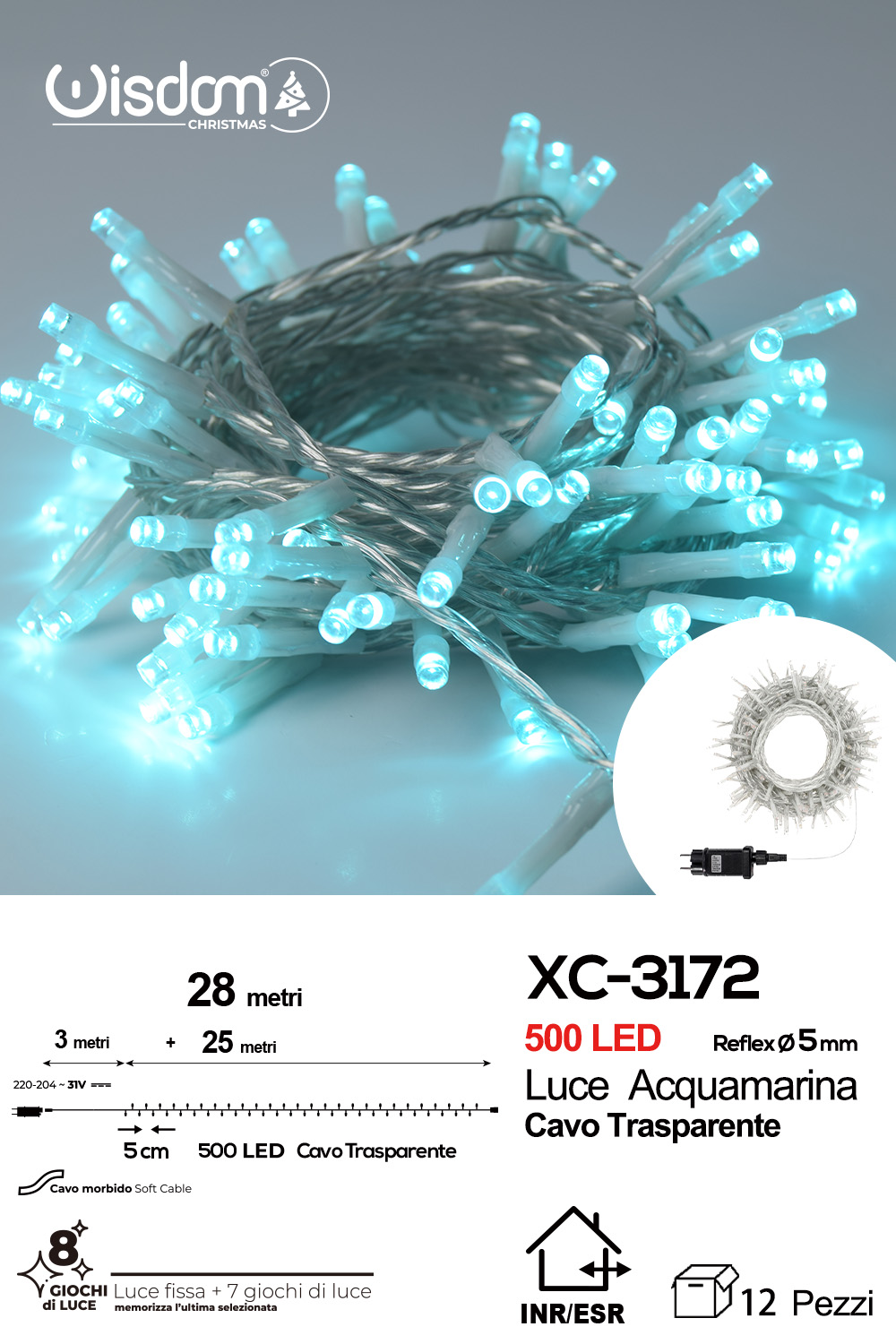 XC-3172 Catena luminosa professionale 500 LED luce acquamarina da 28 metri ip44 per uso interno esterno con 8 giochi luce - immagine 1