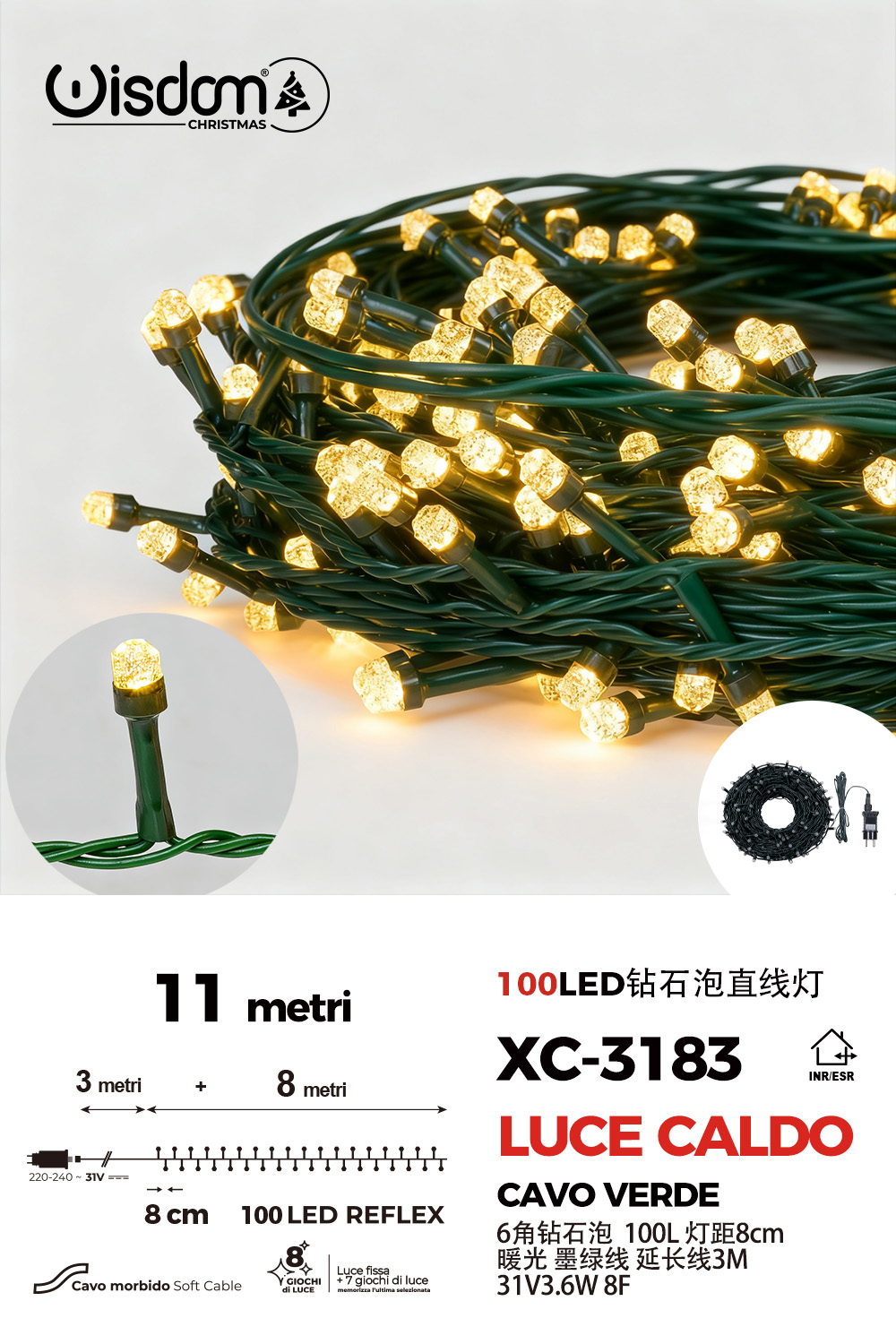 XC-3183 Catena luminosa da 11 metri con 100 LED luce calda per uso interno/esterno 8 giochi luce - immagine 1