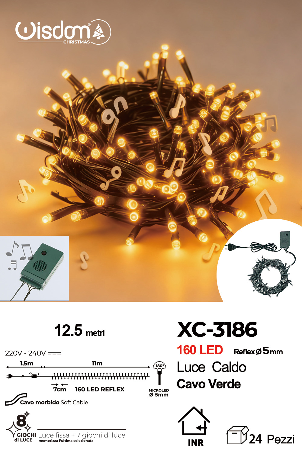 XC-3186 Catena luminosa da 12,5 metri con 160 LED luce calda per uso interno 8 giochi luce e funzione ritmo di musica - immagine 1