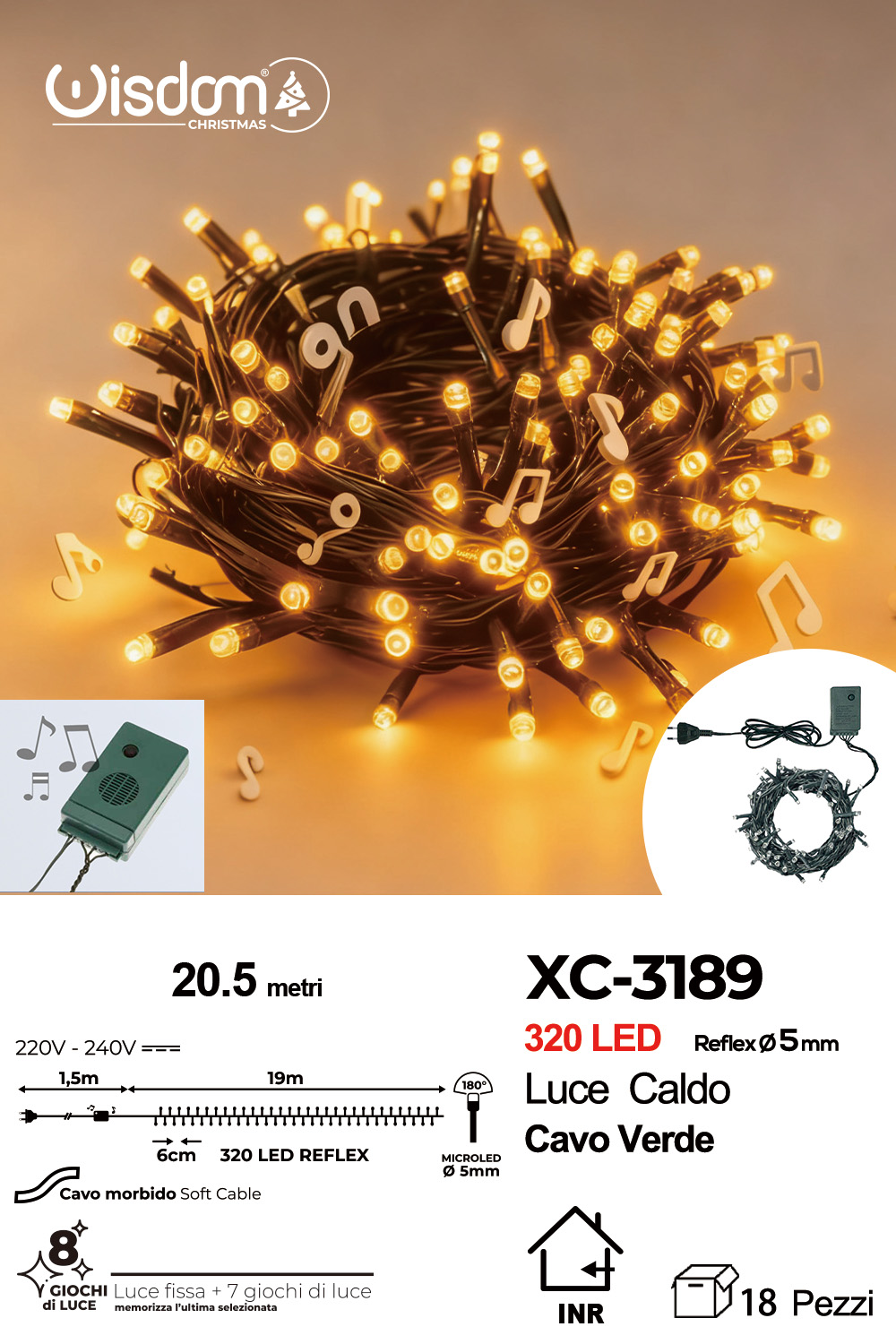 XC-3189 Catena luminosa da 20,5 metri con 320 LED luce calda per uso interno 8 giochi luce e funzione ritmo di musica - immagine 1