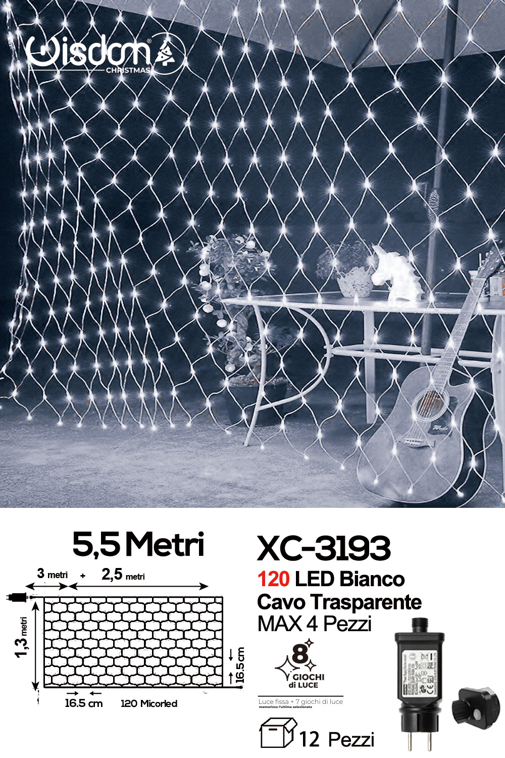 XC-3193 Tenda luminosa da 5,5 metri con 120 micro LED luce fredda a corrente per uso interno/esterno con 8 giochi luce - immagine 1