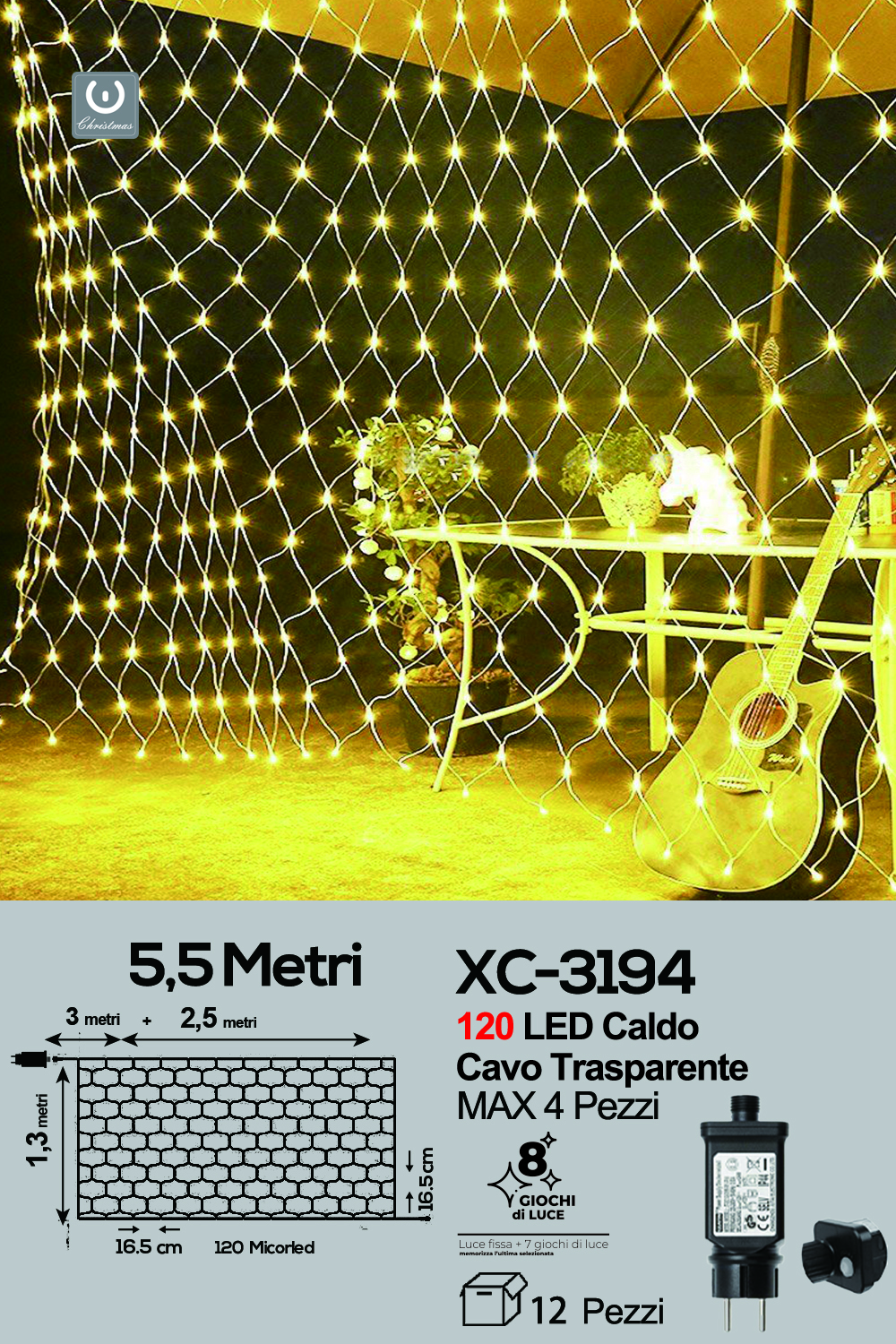 XC-3194 Tenda luminosa da 5,5 metri con 120 micro LED luce calda a corrente per uso interno/esterno con 8 giochi luce - immagine 1