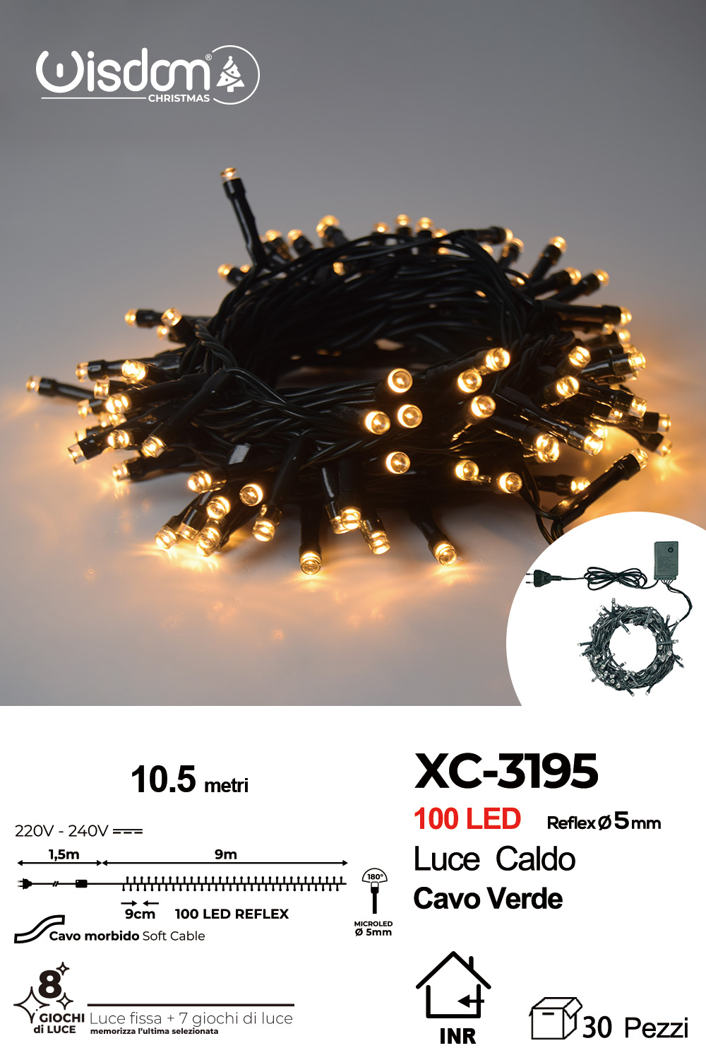 XC-3195 Catena luminosa da 10,5 metri con 100 LED luce calda per uso interno 8 giochi luce - immagine 1