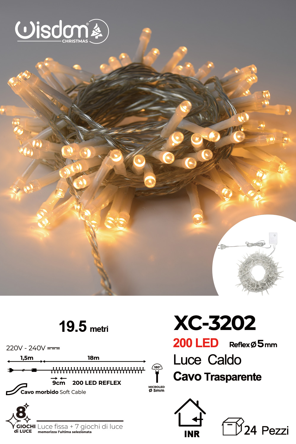 XC-3202 Catena luminosa da 19,5 metri con 200 LED luce calda per uso interno 8 giochi luce - immagine 1